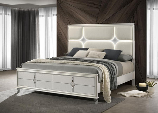 Olivia Eastern  Panel Bed LED Headboard Pearl White ( mattress not included)