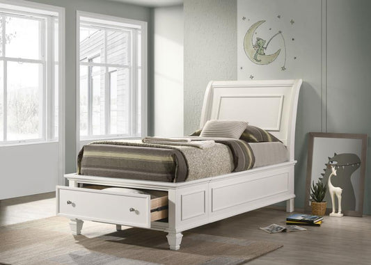 Selena Wood Twin Storage Panel Bed Cream White