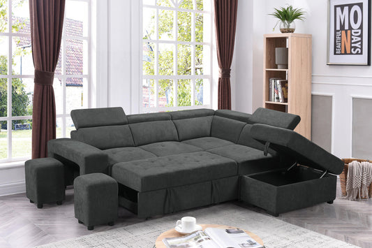 89130 Henrik Dark Gray Sofa Sleeper Sectional w/ Storage and Stools