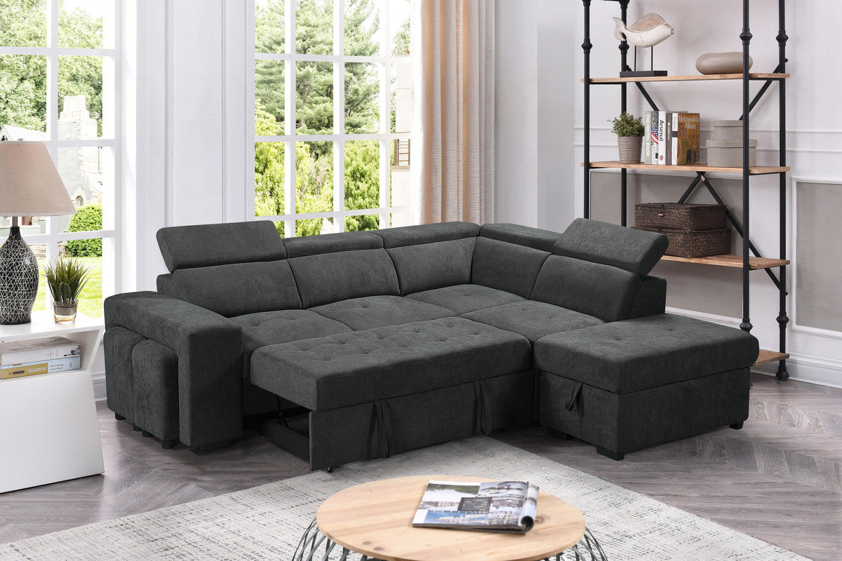 89130 Henrik Dark Gray Sofa Sleeper Sectional w/ Storage and Stools