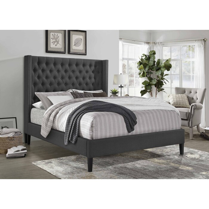 M7536-FULL DARK GRAY Full Wing Back Platform Bed w/ Nail Heads (Staled)