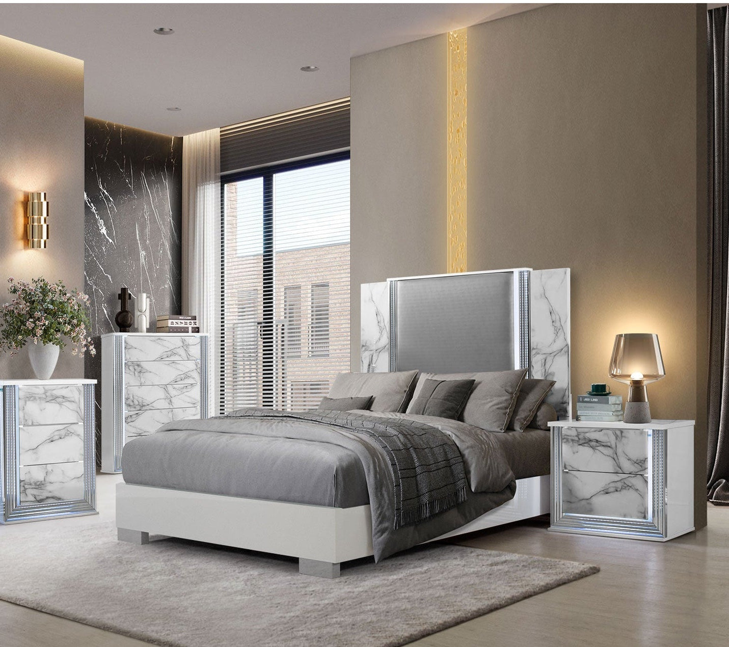 Ylime White Marble Queen Bed